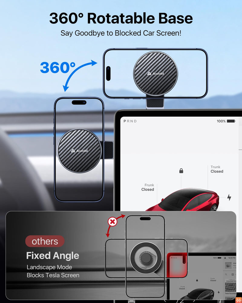 andobil 3rd Gen Tesla Phone Mount 【Upgrade Adhesive & Upgrade Stongest Magnet】 Phone Holder for Tesla New Model Y Juniper Model 3, 360° Adjustable Tesla Phone Holder fits iPhone 17 16 15 14 Pro Max Black