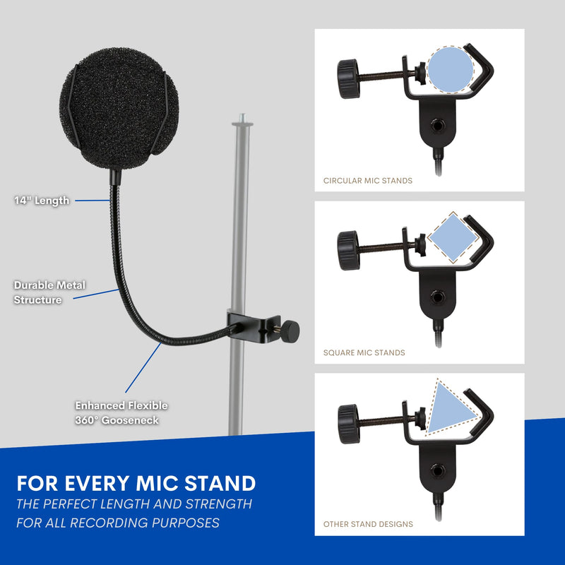 Melon Audio Pop Filter for Microphone - Sponge Layered Pop Wind Screen with Enhanced Flexible 360° Gooseneck Clip Metal Arm (includes Extra Filter)