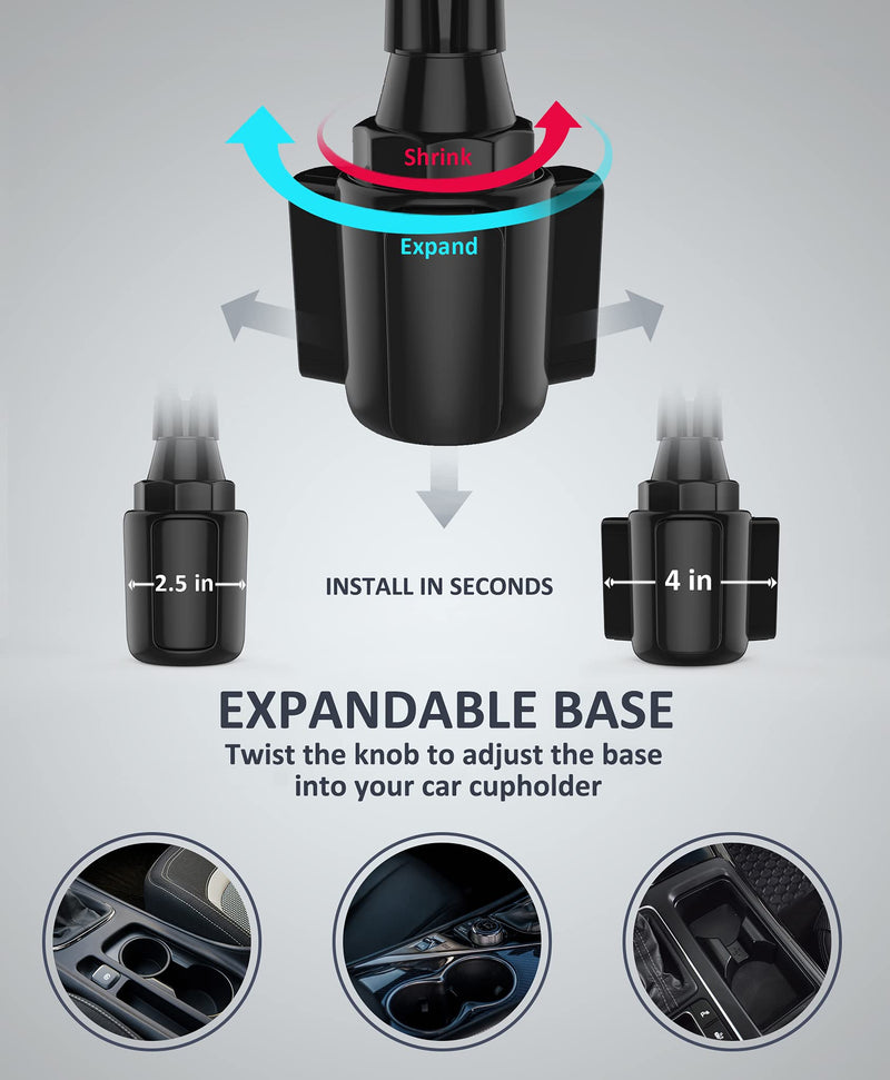 Dual Phone Holder for Car Cup Holder – Long Flexible Neck, 360° Rotatable Car Phone Mount - Adjustable Cell Cup Holder, Universal Size Fits 2 iPhone, Samsung, GPS and More (Cradle) Cradle Holders