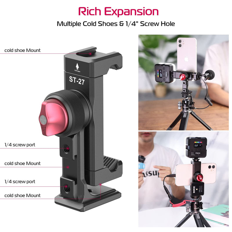 PICTRON Metal Phone Tripod Mount 3 Cold Shoes & Arca Port, 360° Smartphone Tripod Adapter for iPhone Samsung Cell Phone Stand Holder for Desktop Tripod Video Live Streaming Vlogging Rig ST-27