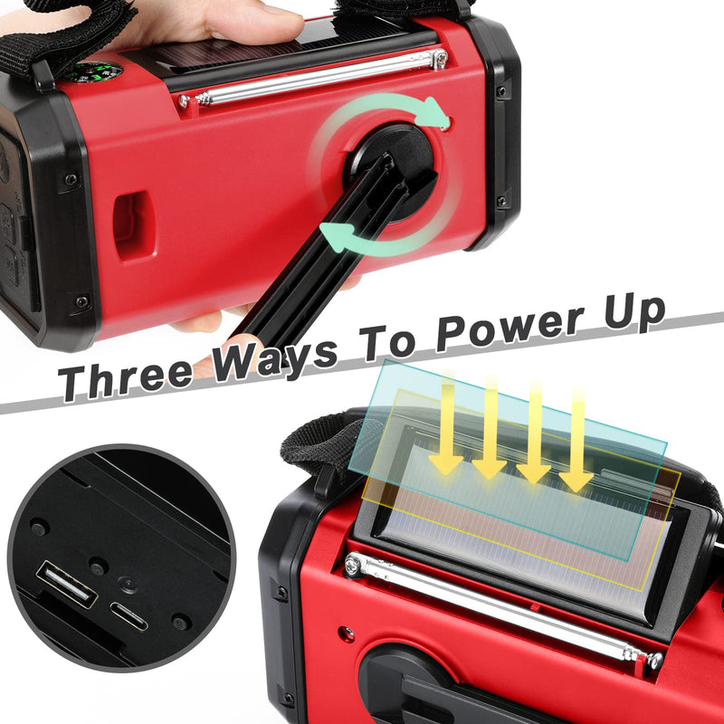 Emergency Radio,10000mAh Solar Radio, Hand Crank Radio, NOAA/AM/FM Weather Radio, USB Type-C Charging,Dynamo Radio,Polymer Battery,Torch & LED Reading Light, SOS Alarm,Compass for Camping Red