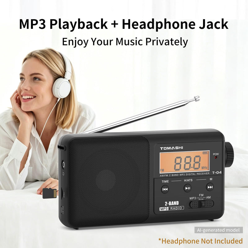 TOMASHI Portable AM FM Radio, USB-C Rechargeable Auto Scan Radio | Large tuning knob, clock display and Micro SD MP3 player. Speaker and headphone jack for home and outdoor use.