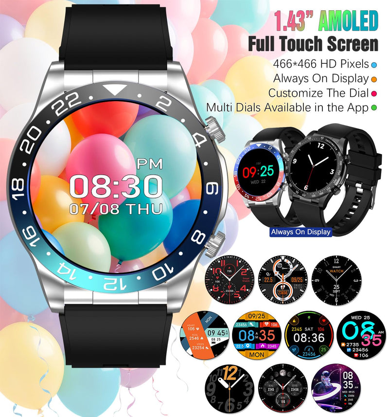 Men's Smartwatch 1.43" AMOLED Display Sports Fitness Tracker Answer&Make Calls, Heart Rate Sleep Monitor IP67 Waterproof Smart Watch for Men, Pedometer, Support Android & iOS (Black Blue) black blue