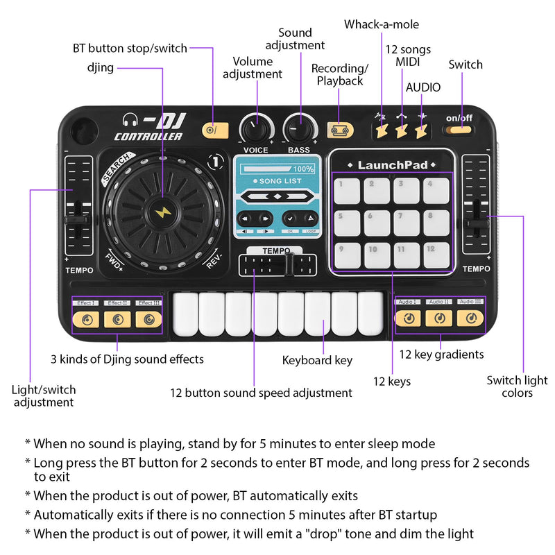 Kids DJ Controller DJ Mixer Table DJ Equipment with BT 5.0 Adjustable Microphone 8 Electronic Keyboard Buttons 3 Disc Sound Effects 12 MIDI Songs Light-Up Whack-A-Mole Game Black