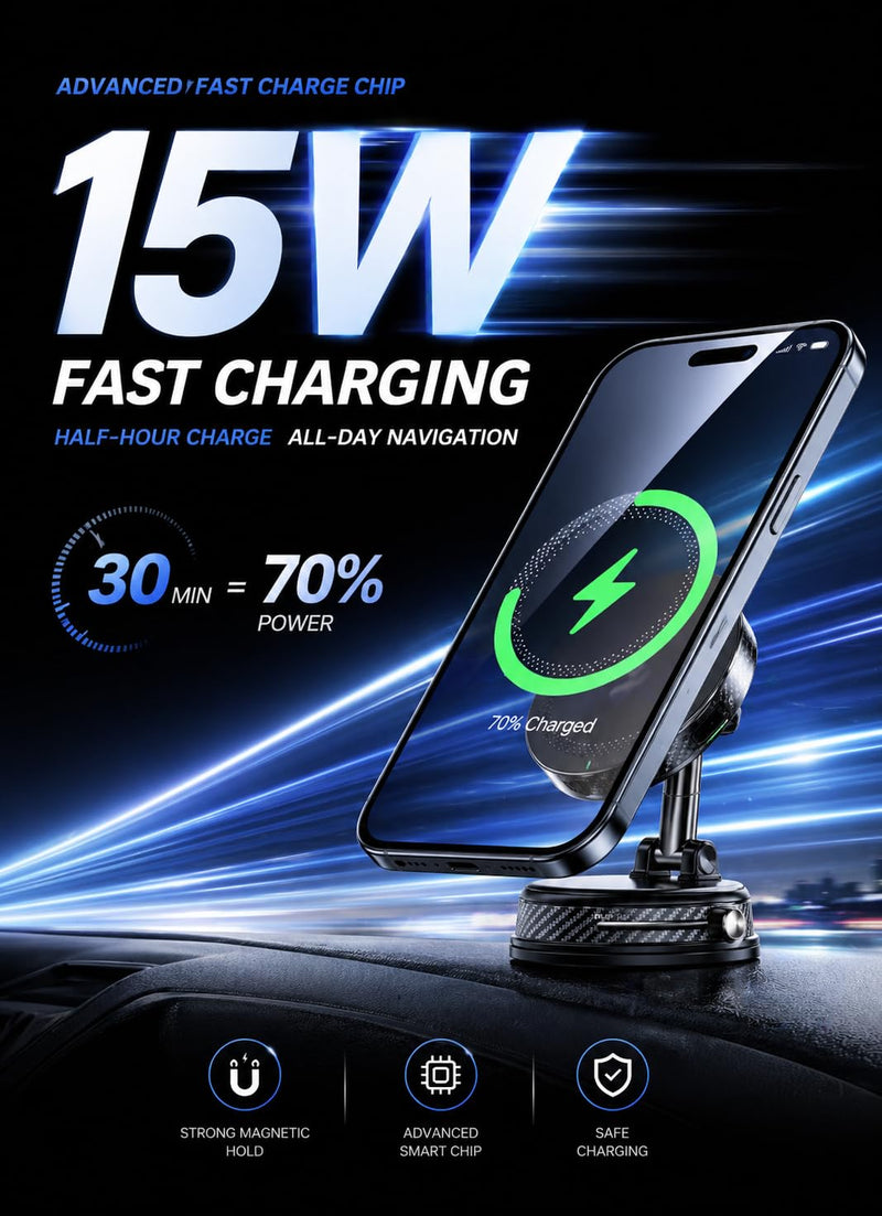 15W Magsafe Wireless Fast Charger Car Phone Mount Holder with Vacuum | ULiiZOMIR Adjustable Magnetic Mount, Strong Grip Dashboard & Windshield Holder for iPhone 12-17 and Android Devices
