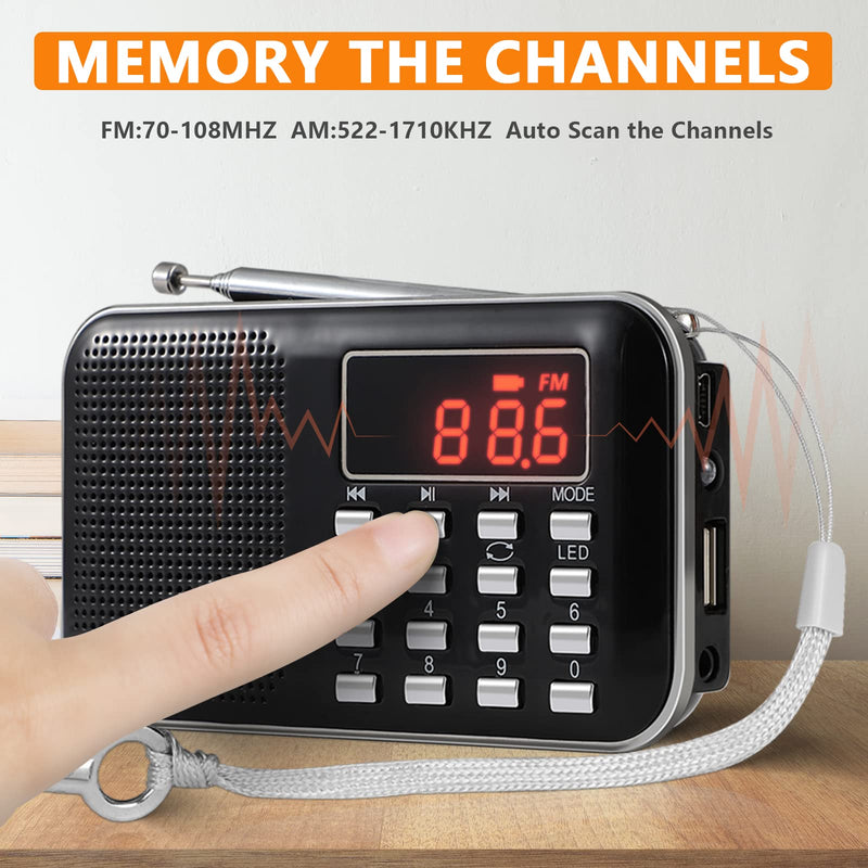 [AUSTRALIA] - Leting Radios Portable AM/FM MP3 Speaker, Supports Micro SD/USB, Records Music, Rechargeable Battery, Mini Radio with Best Reception (Black) BLACK 