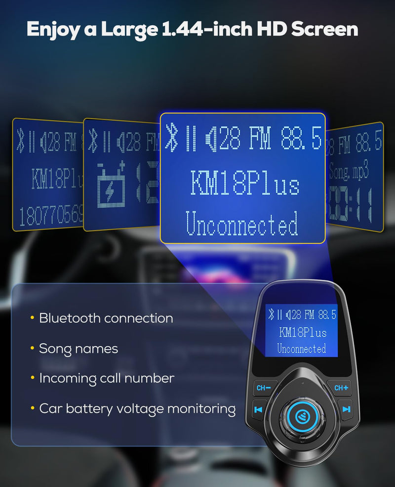 Nulaxy [2026 KM18 Upgraded Version] 48W Bluetooth 5.4 Car Adapter with Fasting Charging Ports [PD 30W & QC3.0 18W], Supports Hands-Free Call, 1.44" Screen Wireless Radio FM Transmitter, Black