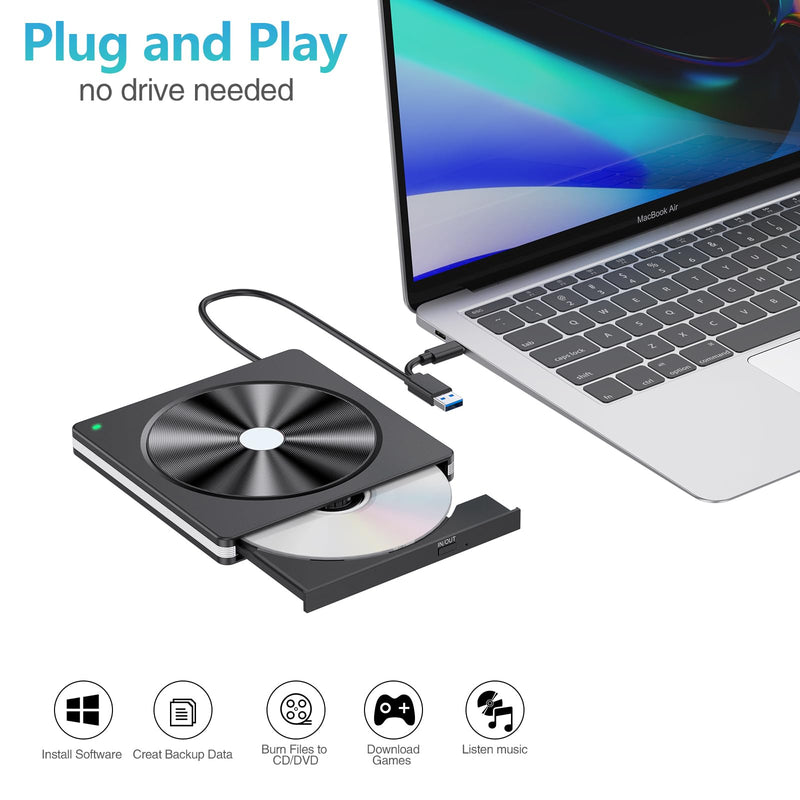 [AUSTRALIA] - External CD/DVD Drive for Laptop, USB 3.0 CD DVD +/-RW Burner CD ROM External DVD Drive CD Reader DVD Player for Laptop PC Mac MacBook Desktop Windows 11/10/8.1/7 Linux Blackwhite 