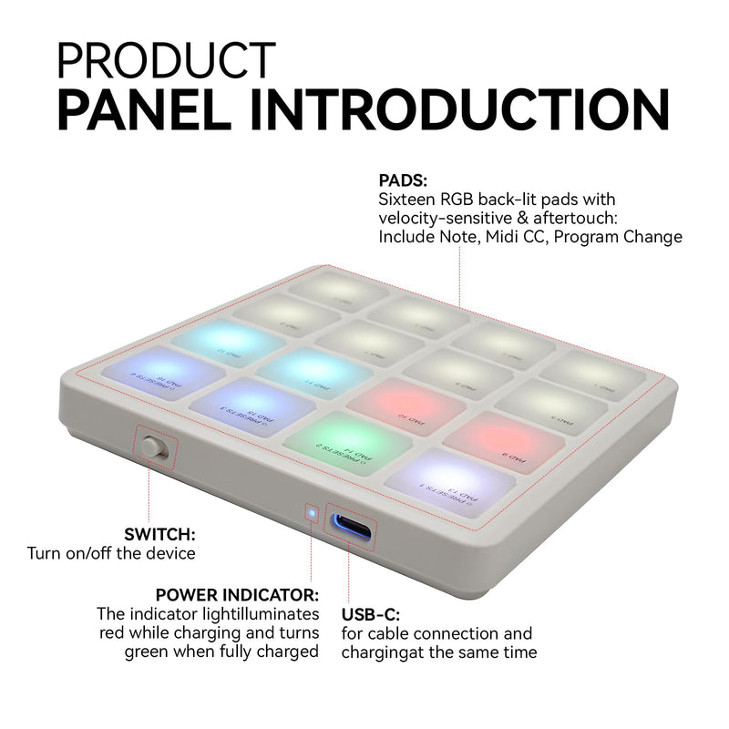 M-VAVE MIDI Controller Drum Pad Wireless Bluetooth MIDI Keyboard 16 Strike Pad Velocity Sensitive, Note Repeat, Full Level Buttons RGB Backlight Portable with Wired USB-C Built-in Battery