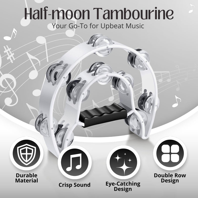[AUSTRALIA] - Flexzion Tambourine Metal Half Moon Musical Instruments Double Row Metal Jingles Hand Held Instruments Percussion with Ergonomic Handle Grip, Tambourines for Adults, 2 Packs - White 