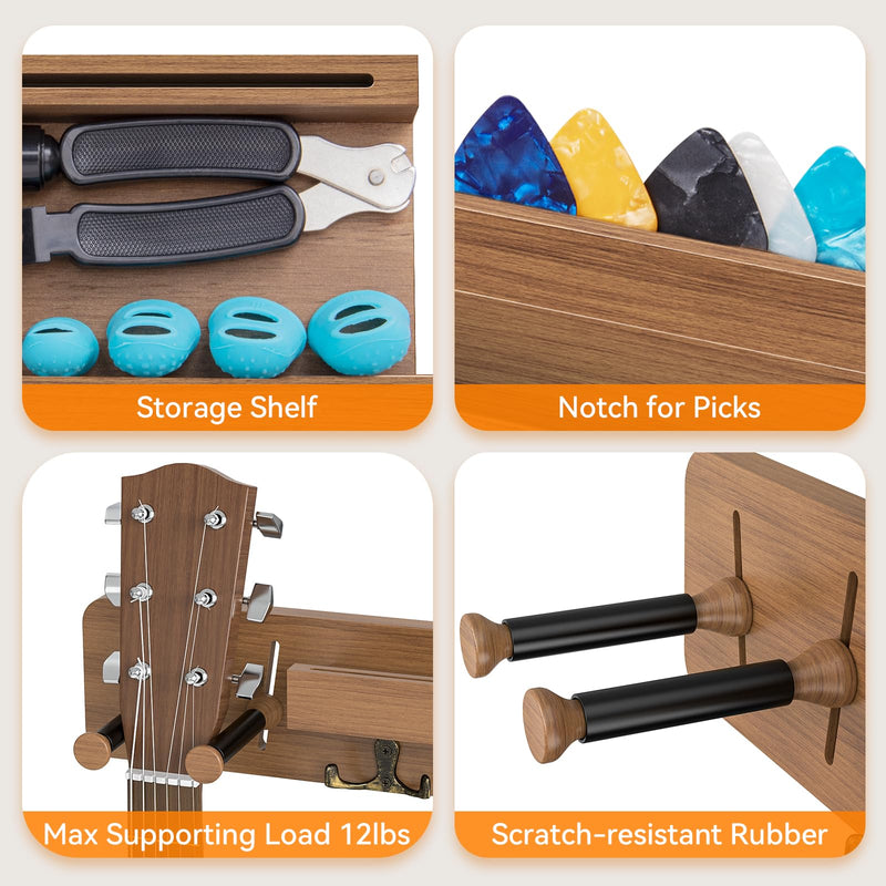 USION 2-Pack Guitar Wall Mount, Adjustable Guitar Hanger Wall Mount with Pick Holder and 2 Hooks Wood Guitar Wall Hangers, Guitar Holder for Acoustic, Electric, Bass, Ukulele(Brown 2PCS) brown 2PCS