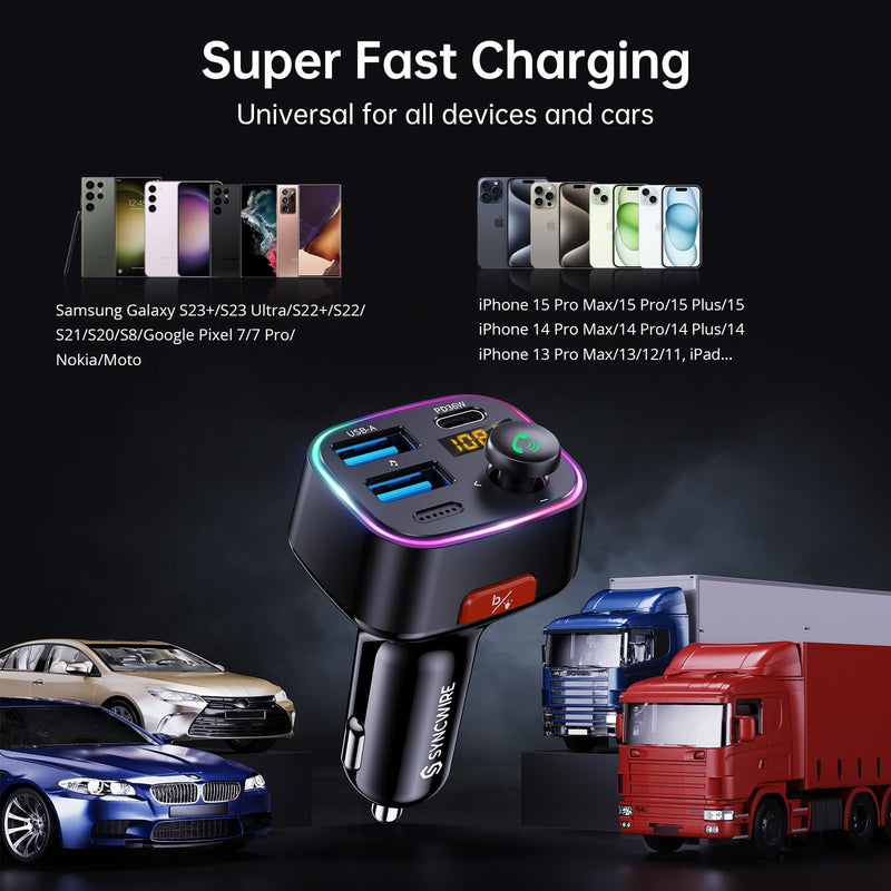 [AUSTRALIA] - Syncwire Bluetooth 5.4 FM Transmitter Car Adapter 48W (PD 36W & 12W) [Light Switch] [HiFi Bass Sound] [Fast Charging] Wireless Radio Music Adapter LED Display Hands-Free Calling Support USB Drive Black 