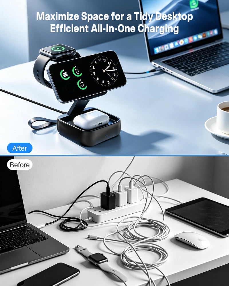 3 in 1 Charging Station for Apple Devices, Wireless Charger Stand | Foldable Magnetic Fast Wireless Charging Station for MagSafe iPhone 17 16 15 14 13 12 Series, Apple Watch & AirPods