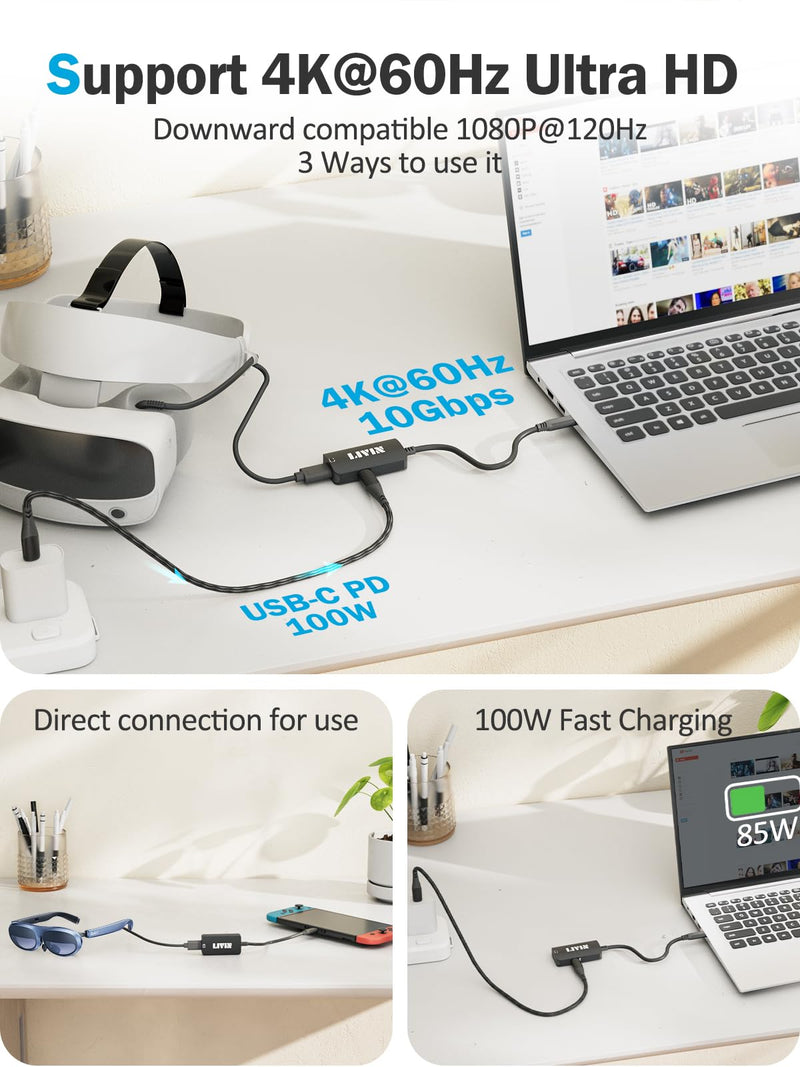 LIVIN 𝟐𝟎𝟐𝟔 𝐔𝐩𝐠𝐫𝐚𝐝𝐞 USB C to Portable Monitor、AR Glasses XREAL One、Air 2 Pro/VITURE Pro/RayNeo Air 2s/Rokid,【4K@60Hz+PD 100W】,USB C to Type C Adapter iPhone15/16、Android、PC、Switch、Steam Deck