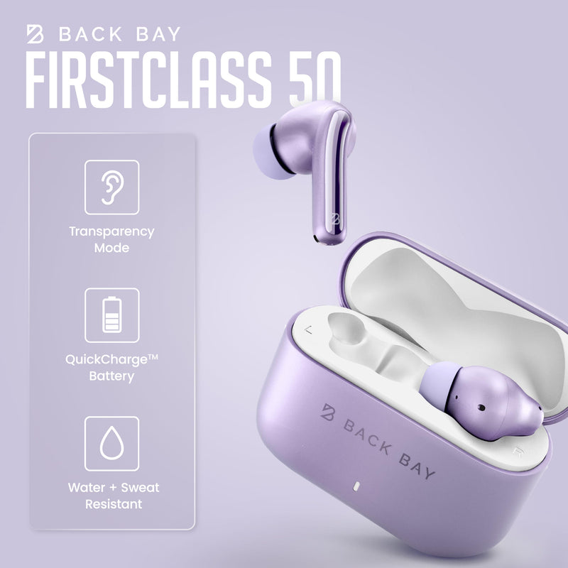 Back Bay Audio True Wireless Earbuds Noise Cancelling Earbuds, Premium ANC | Deep Noise Cancelling Earpods, Bluetooth 5.4 Ear Buds, iPhone and Android Active Earphones with ANC Sound Blocking Lavender