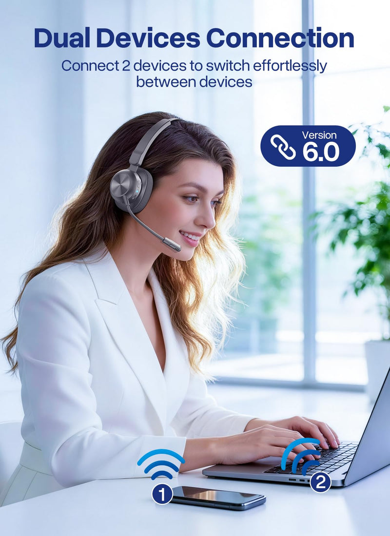 Trucker Bluetooth Headset, Wireless Headset with Microphone | USB Dongle, On Ear Bluetooth Headphones with AI Noise Cancelling 50H Playback Mute Button for Truck Driver Office Work, Ash