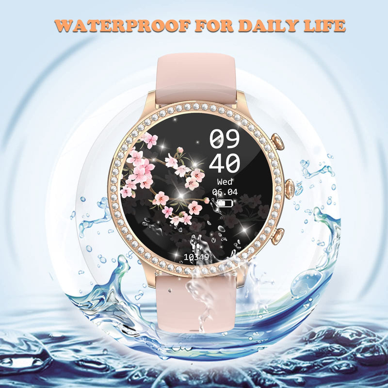 Loluka Pink Smart Watches for Women with Diamonds, Answer/Make Call Ladies Bluetooth Smartwatch for Android and iOS Phones, Rhinestone Fitness Activity Tracker Sleep Tracker Pedometer
