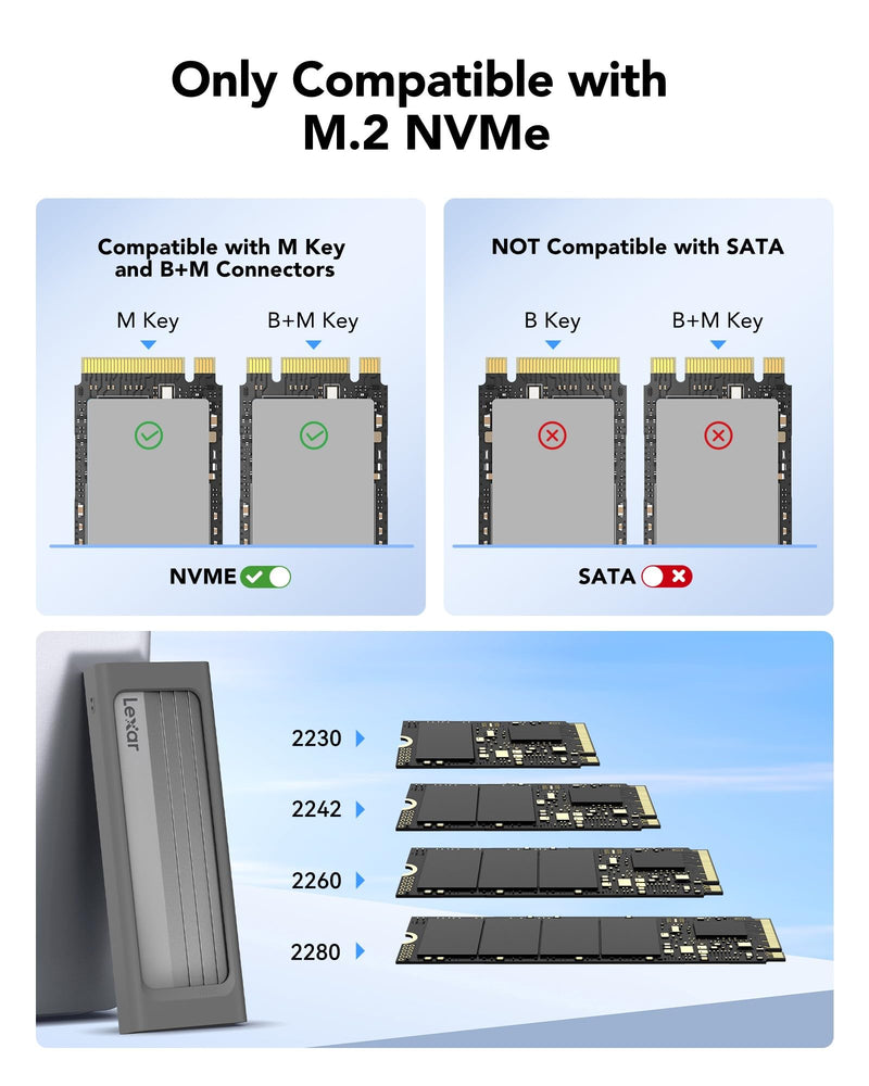 Lexar E300 M.2 NVMe SSD Enclosure Adapter, USB 3.2 Gen 2 (10Gbps), Compatible with M Key/B+M Key, External Portable Solid State Drive Case, Support M.2 NVMe PCIe SSD 2230/2242/2260/2280 LPAE300-RNBNG