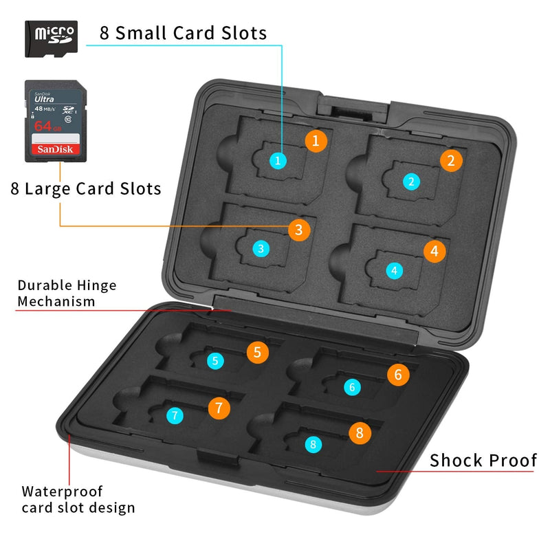 Qkenvo Aluminum Shock Resistant Carrying Box Holder Memory Card Storage Box Case Holder 8 Slots for SD SDHC MMC Micro SD TF Cards Silver
