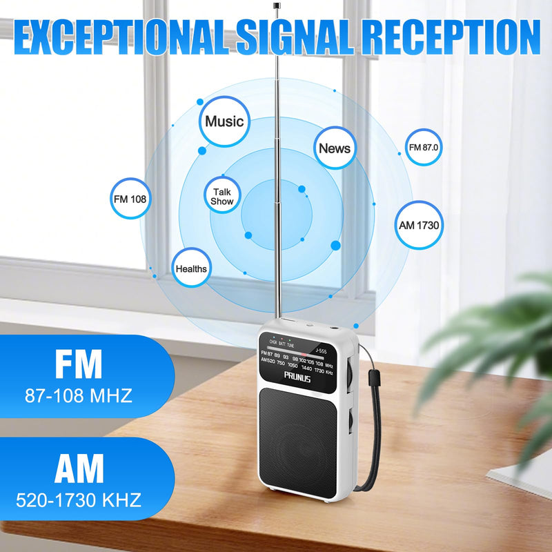 PRUNUS J-555 Pocket Radio AM FM USB-C Charging& Battery Operated, Excellent Reception& Clear Speaker and Headphone Jack, Back Clip, Flashlight, Transistor Radio, Portable Radio AM FM, Mini Radio White