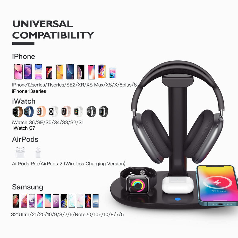 Headphone Stand with 15w Wireless Charger, Suguder 4 in 1 Qi Charging Station Headset Holder for AirPods Max/Pro/2 iWatch 7/6/5/4/3/2/1/SE iPhone 13/12/11/XS/XR/X/8 Series for Desktop Table Game,Black Black
