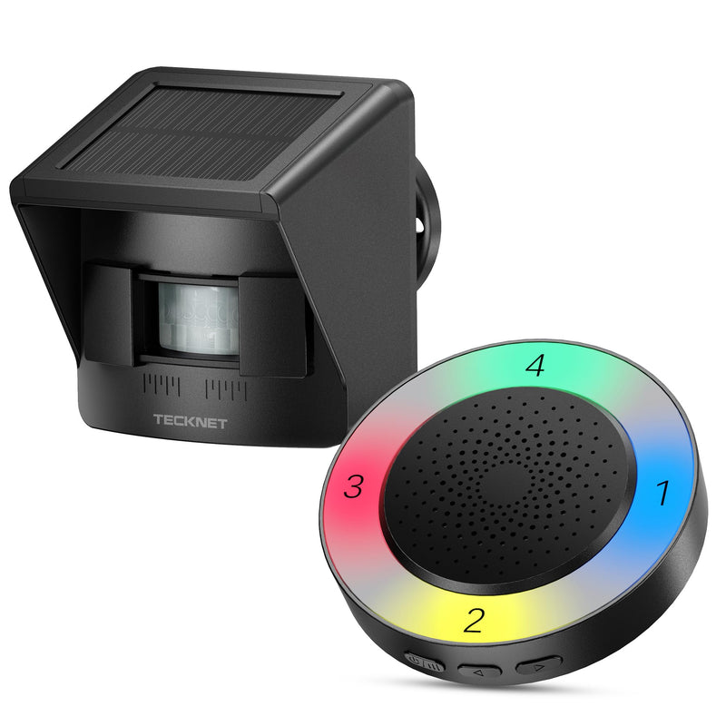 [AUSTRALIA] - TECKNET Solar Wireless Driveway Alarm with 2600FT Long Range & 36 Melodies & 5 Volumes and Supports 4 Zones Weatherproof Motion Sensor Alarm to Protect Inside/Outside Property (1 Receiver 1 Sensor) RGB Receiver and Sensor 