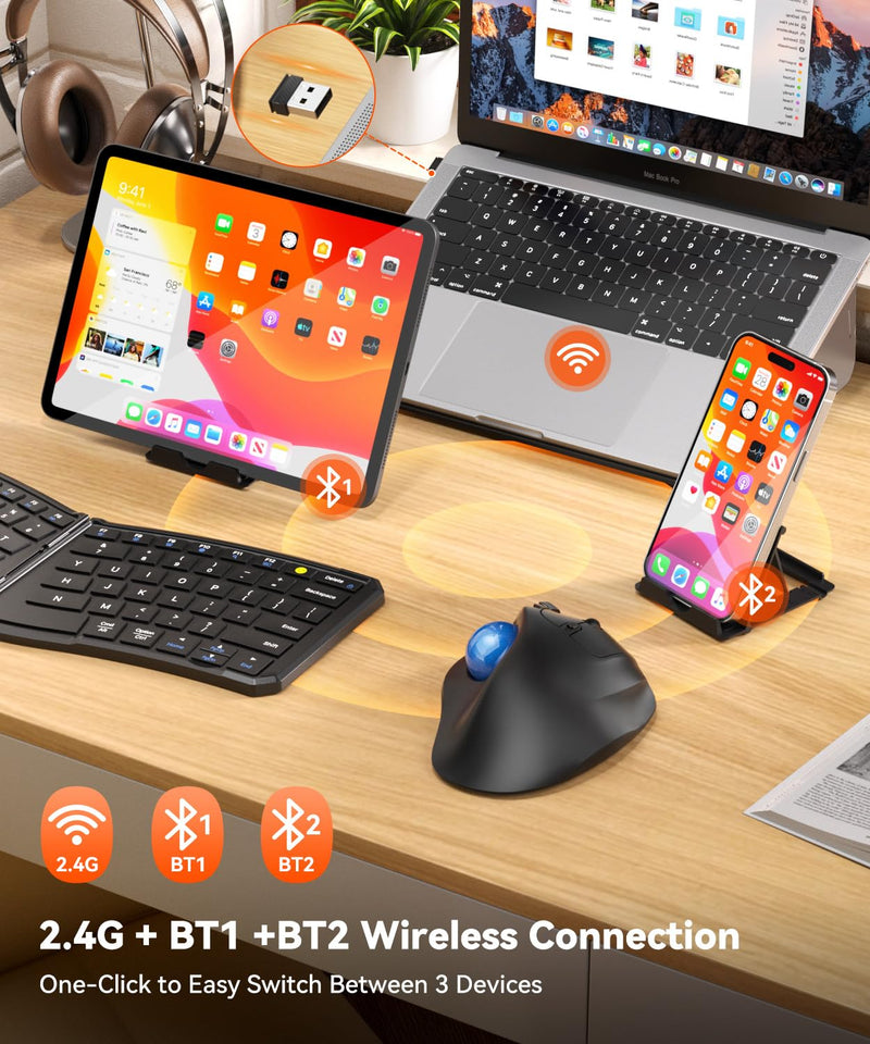 Ergonomic Wireless Trackball Mouse, 3 Device Connection, 5 Level DPI | Bluetooth or 2.4G USB Receiver Quiet Computer Mouse, 2*AAA Battery Thumb Laptop Mice for PC/Laptop/Mac/Windows Blue