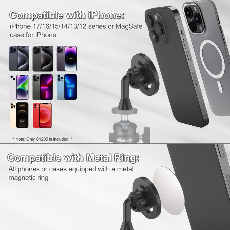 [AUSTRALIA] - Magnetic Phone Tripod Mount Adapter with 1/4"-20 Screw Hole, Compatible with Magsafe for iPhone 17/16/15/14/13 Plus Pro Max Mini Series, Adjustable Phone Holder for Tripod, Ring Light, Selfie Sticks 