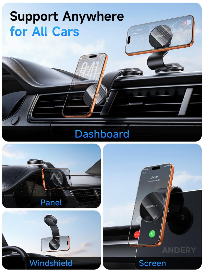 ANDERY Only for iPhone Magsafe Car Mount [360° Adjustable Memory Alloy Arm] | 2400gf Strong Magnetic Power, Bendable Phone Holders for Your Car, Car Phone Holder with Dashboard Pad, for iPhone 17-12