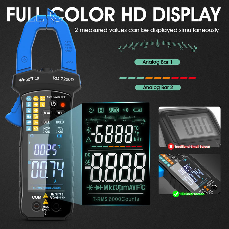 Digital Clamp Meter TRMS 6000 Counts Multimeter, WapoRich Ammeter Voltmeter Tester with Auto Range NCV Measures AC DC Voltage Current Resistance Continuity Capacitance Diodes Temp Frequency RQ-7200D
