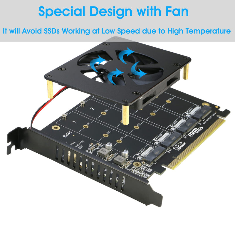 [AUSTRALIA] - Quad NVMe PCIe Adapter, RIITOP 4 Ports M.2 NVMe SSD to PCI-e 4.0/3.0 x16 Card with Fan Support 2280/2260/2242/2230 NVMe SSD (PCI-e Bifurcation Required) 4-Port 