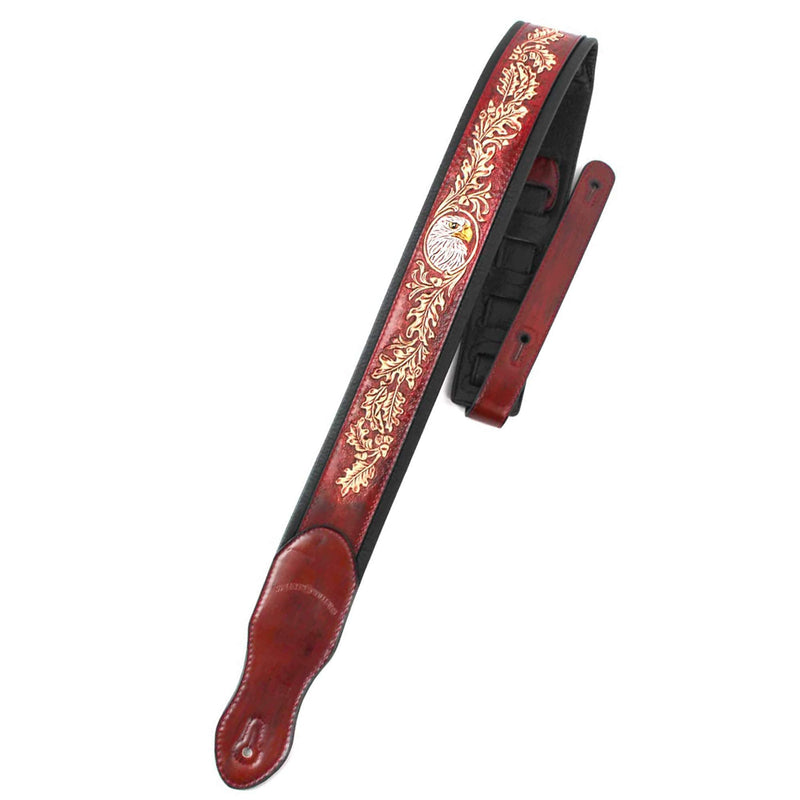 Walker & Williams KB-03-RB Mahogany Brown Full Grain Center Block Carved Leather Padded Guitar Strap With American Eagle & Oak Leaves For Acoustic, Electric, And Bass Guitars