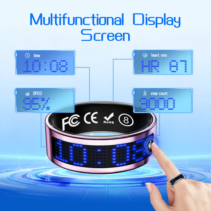 Smart Ring for Women & Men, Fitness & Health Tracker with Display Screen, IP68 Waterproof Smart Rings for Health Monitoring, Fitness Tracker Ring with Call Notification, No App Fees (Pink, 8#)