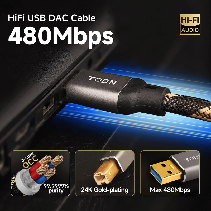 TODN 3ft USB A to USB B 99.9999% OCC HiFi Shielded Audio Cable for DAC | 3.0 24K Gold‑Plated Plugs USB Printer Cable, Aluminum Alloy Shell, Nylon Braided for Sound Card, Digital Piano, Mixer USB A to B Max 3FT/1M
