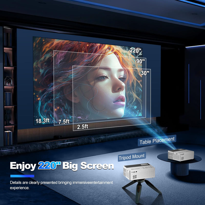 [Built-in Apps] 5G WiFi Bluetooth Smart Projector,Comes with a mini stand ,Mini Projector with Stereo Speaker,4K support HD Portable Projector, Compatible with TV Stick Smartphone/ pc/USB (With Apps) With Apps