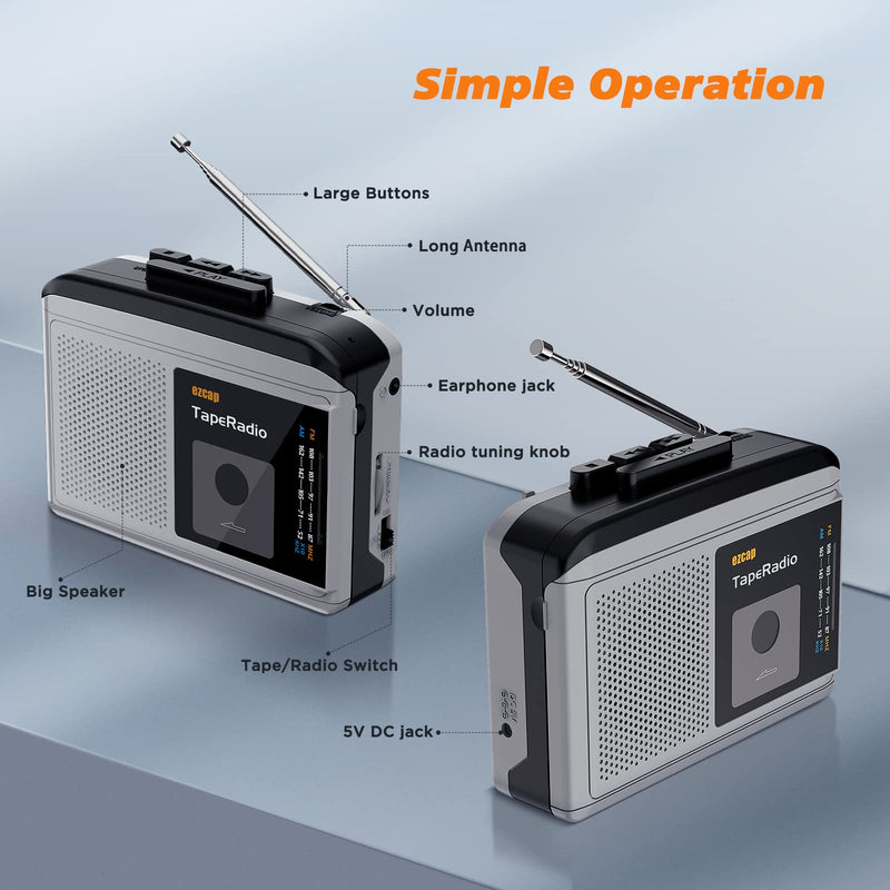 Portable Cassette Players, AM FM Radio Walkman Cassette Player, Built-in Speaker, 2AA Battery or USB Power Supply