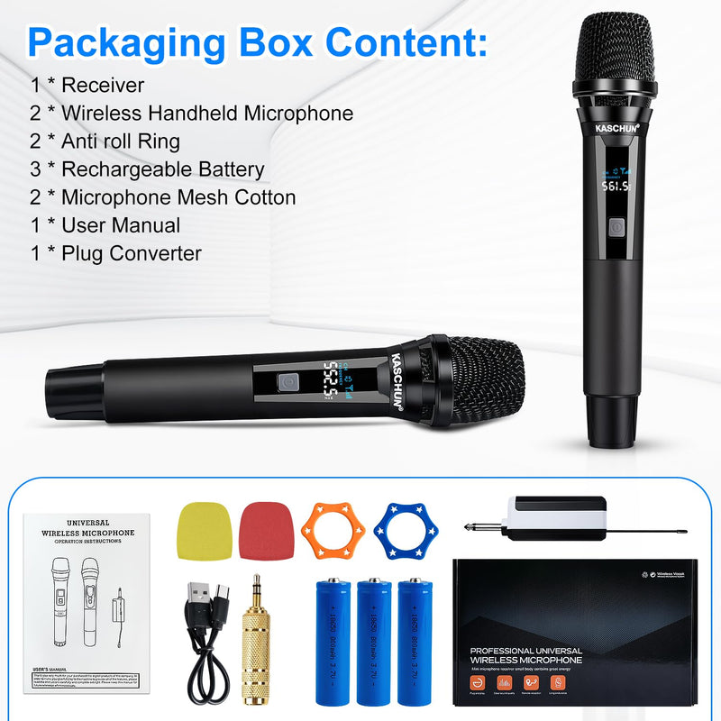 Wireless Rechargeable Metal Handheld UHF Karaoke Microphone, 160Ft Range, 2 Mics, 1 Receiver, 6-8Hrs Battery Life