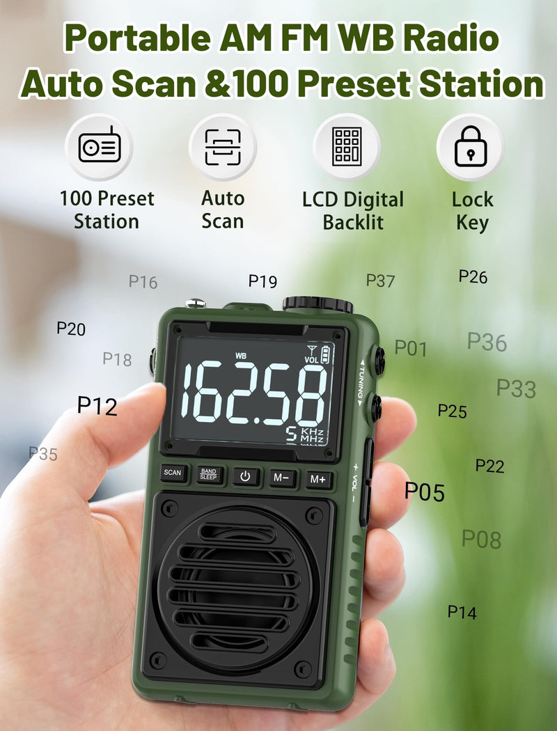 Digital AM FM Weather Band Radio with Flashlight,850mAh Rechargeable Portable Pocket Radio with Best Reception,LCD Screen, Back Clip,Stereo Earphone Jack, SOS Alarm,Sleep Timer for Jogging,Walking Green
