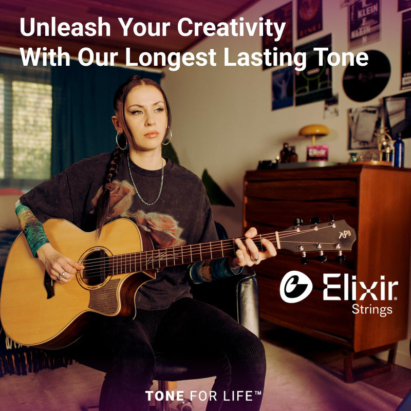 Elixir Strings, Acoustic Guitar Strings, 80/20 Bronze with NANOWEB Coating, Longest-Lasting Bright and Focused Tone with Comfortable Feel, 6 String Set, Light 12-53 Light (.012-.053) 1 Pack