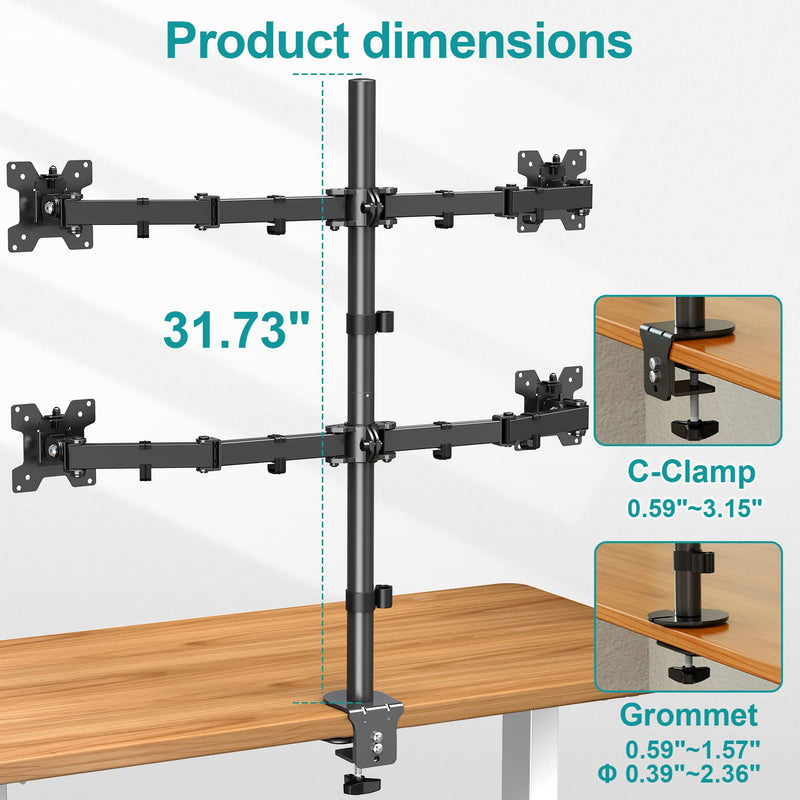 MOUNT PRO 4 Monitor Mount for Max 32" Computer Screens, Up to 17.6lbs Each | Quad Monitor Stand for Desk, Fully Adjustable Stacked 4 Desk Arm with Tilt, Swivel, Rotation, VESA 75x75/100x100mm Black(Max 32")