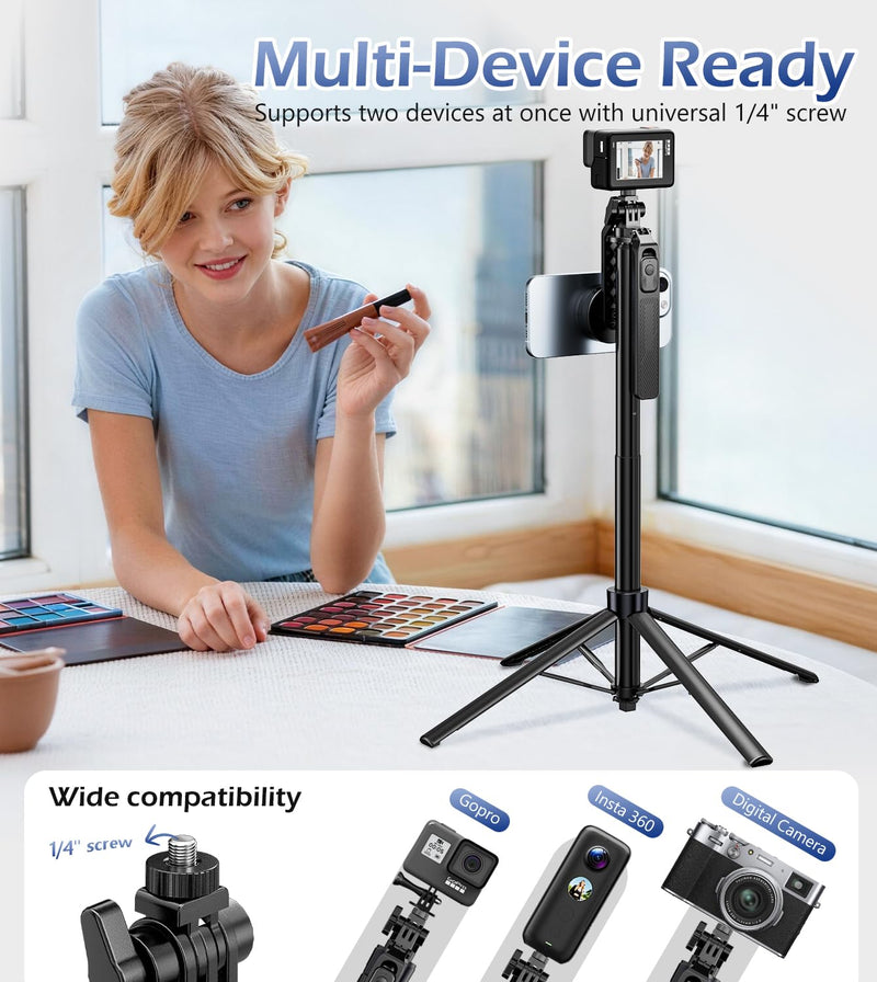 UBeesize 70'' Magnetic Selfie Stick Tripod for iPhone with Remote | 2-in-1 Phone Clamp, 1/4'' Screw Mount, Stable 4-Leg Tripod with Handle, MagSafe Phone Tripod for Camera, GoPro & Insta360 70in