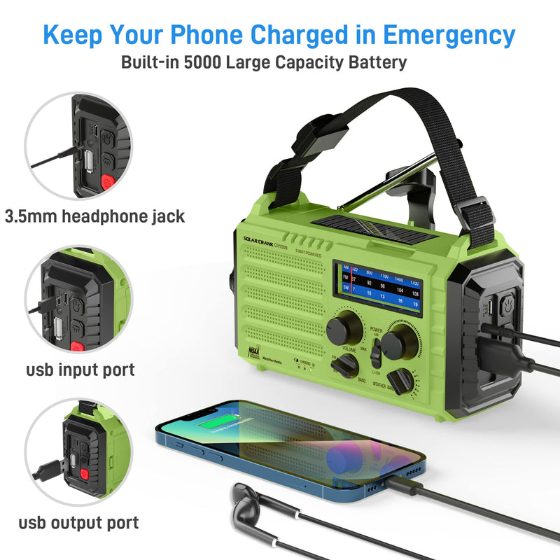 [AUSTRALIA] - NOAA Weather Radio, Emergency Hand Crank Radio with Solar Charger, Portable Battery Operated AM FM Shortwave Radio with LED Flashlight, USB Charger, Earbud Jack, SOS Alert for Home Survival Hurricane Green 