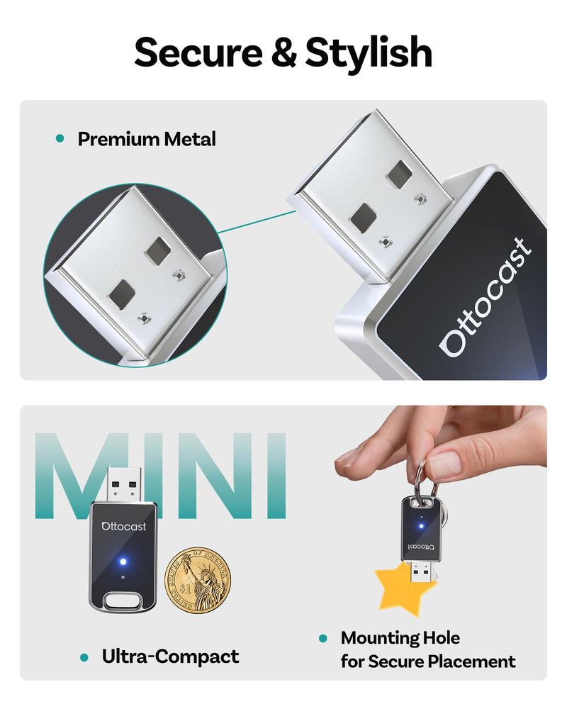 OTTOCAST Mini Edge 2-in-1 Wireless CarPlay & Android Auto Adapter 2026 | Aluminum Body,GPS Passthrough,Auto Reconnect,Plug & Play,iPhone & Android,Seamless Calls,Music & Navigation,Factory Controls