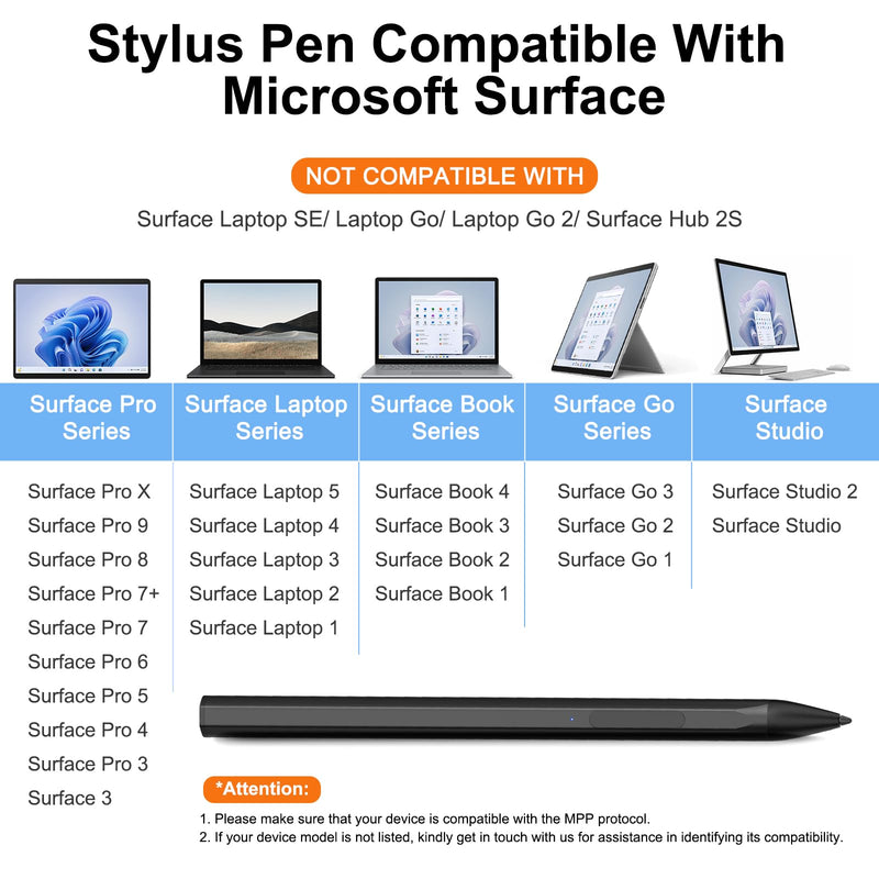 Stylus Pen for Microsoft Surface Pro9/8/X/7/6/5/4/3 Surface Go 3/2/1 Surface 3/Laptop/Studio/Book 4/3/2/1 with 4096 Tilt Pressure Palm Rejection Magnetic Attachment Rechargeable, Black