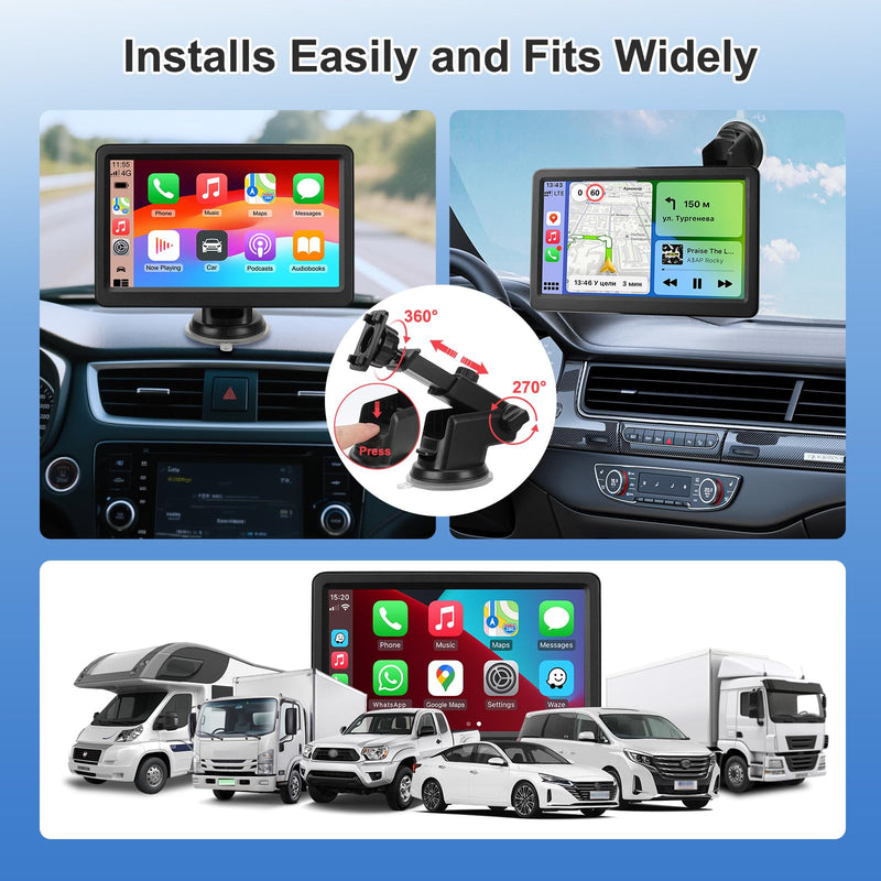 Carplay Screen for Car, 7" Wireless Carplay & Android Auto, Portable HD Touchscreen with Mirror Link, GPS Navigation, Voice Control, Hands-Free Calling, Bluetooth/AUX/FM, Plug & Play Car Play Screen Black