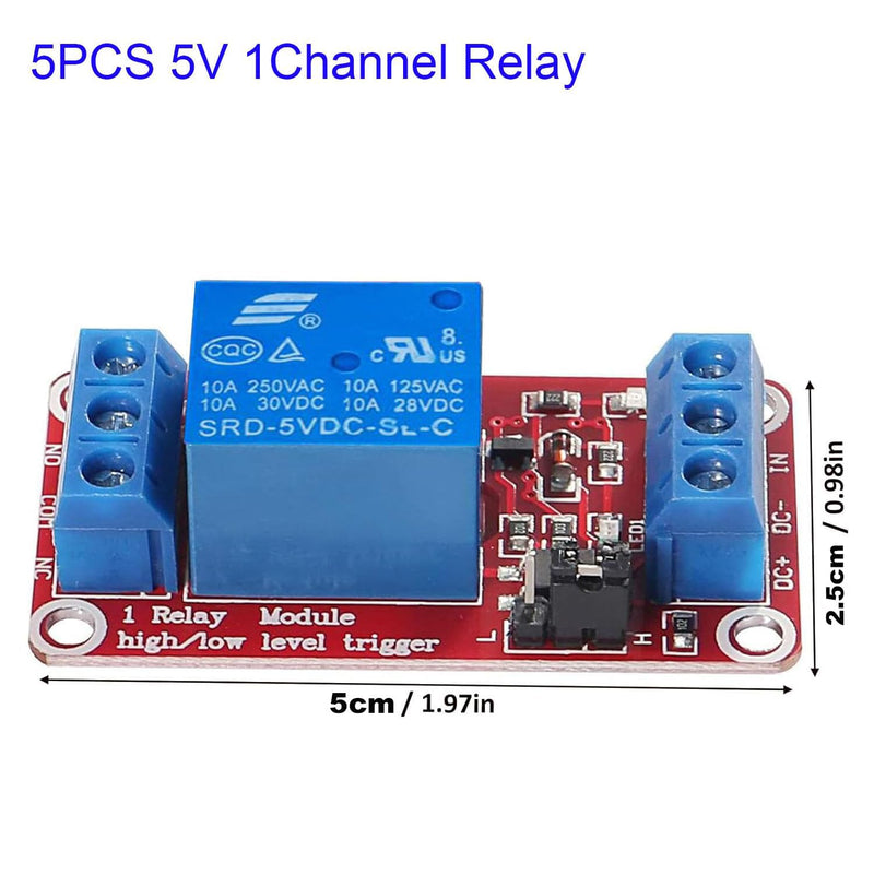 RUNCCI-YUN Pack of 5 One Channel Relay Module 5 V, 1 Channel Relay Module with Optocoupler High or Low Level Trigger Extension Board Relay Switch for Raspberry Pi Arduino Board 5 V 1 channel - 5 pieces, red