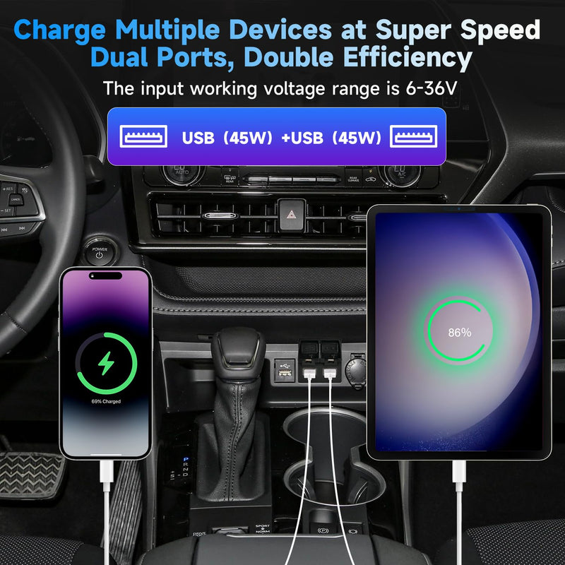 90W Car Charger USB c Dual Port Adapter Center Console Socket for Toyota Camry Fast Charging(Lid USB (45W)+USB (45W)) lid USB(45W)+USB (45W)