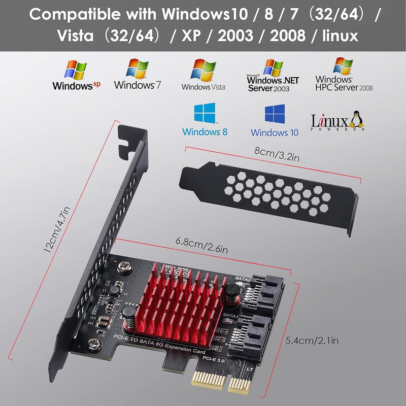 2-Port SATA Card Expansion Cards, PCI-E 3.0 GEN3 JMICRON+JMB582 Chip, 6Gbps Expansion Adapter Boards PCI Express Controller Adapter Card for Windows XP/2003/2008/Vista/Win7/8/10/Linux.