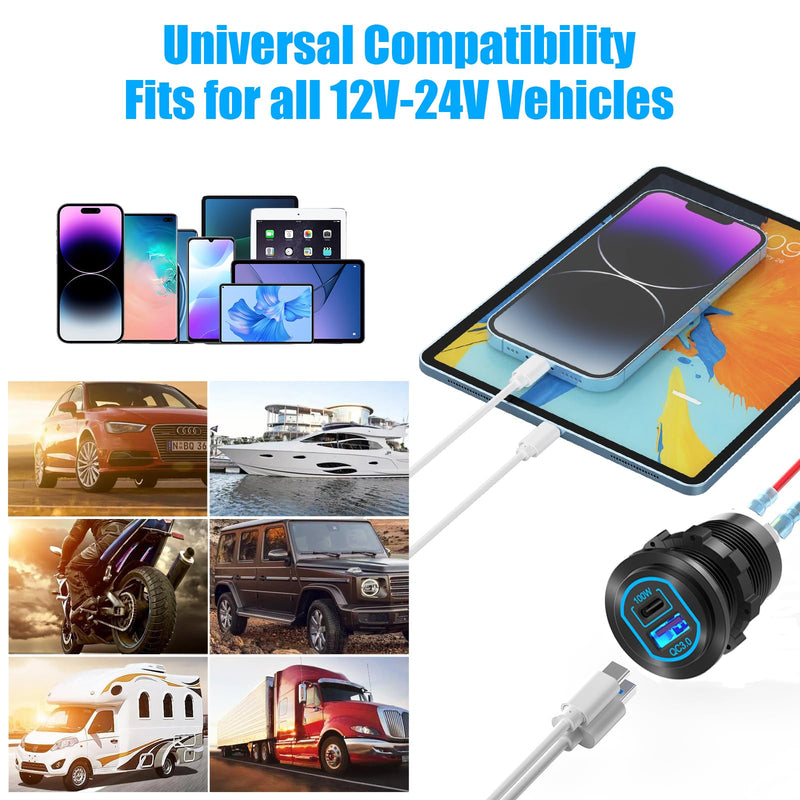 2 Pack 12 Volt USB Outlet PD 100W USB C and QC3.0 18W Port Aluminum Car Charger Socket for Laptops Tablets Phones, Cigarette Lighter Replacement Car Accessories DIY for RV Camper Truck Boat Golf