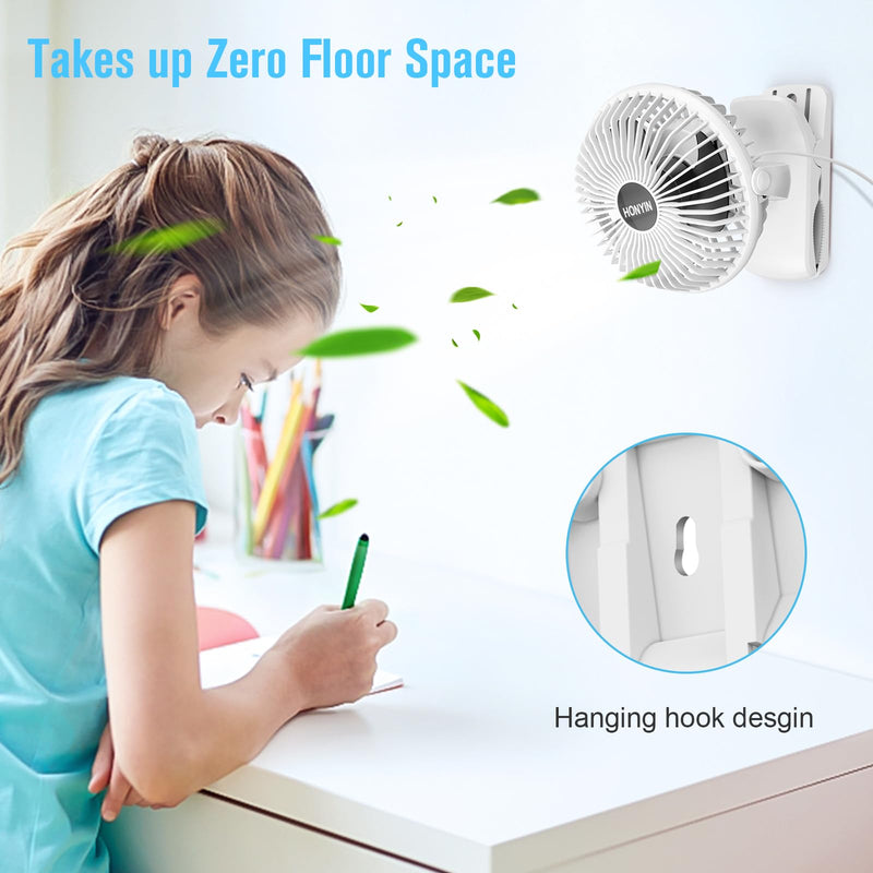 HONYIN USB Clip on Fan, 720° Rotation Small Desk & Clip Fan, Personal Cooling Fan with Sturdy Clamp, 3 Speeds, Quiet Little Fan by USB Plug In, for Bedroom Office Desktop Treadmill White